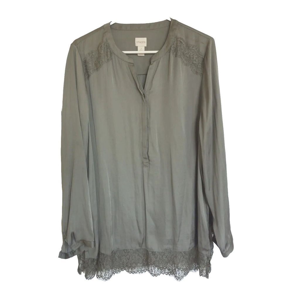 Chico's Women Longsleeve Lace Tunic‎ Buttons Up Blouse Crocodile Green Polyester